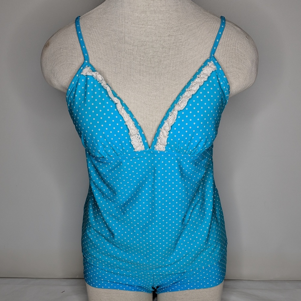SASSAFRASS SWIMWEAR L Tankini Blue Polka Dot Lace